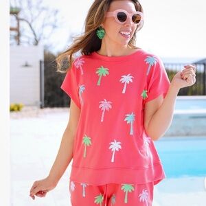 Mary Square Emily Palm Trees Sequins On-The-Go Loungewear Short Set-small NWT
